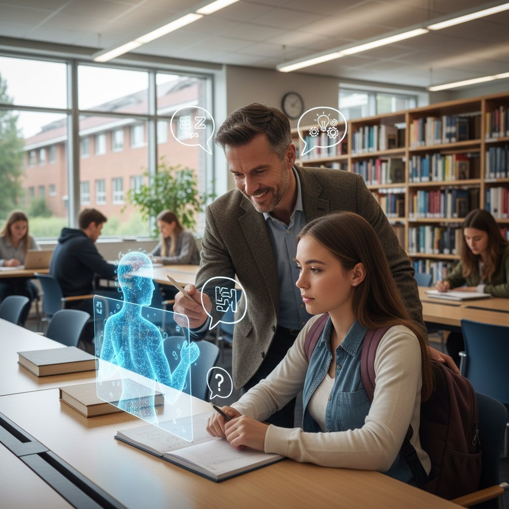 Student rozmawiający z AI na laptopie, a obok nauczyciel udzielający wskazówek