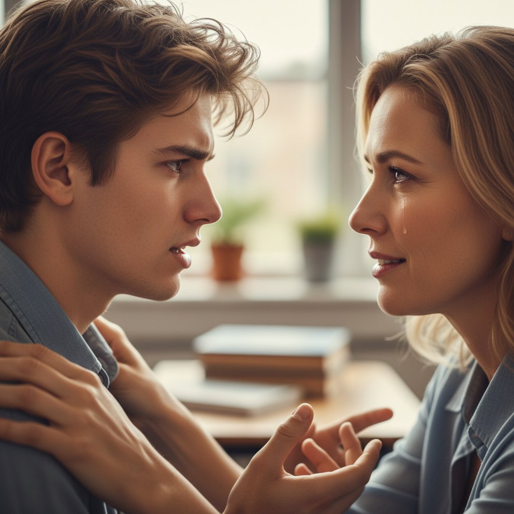 Zbliżenie: uczeń i nauczyciel w poruszającej, emocjonalnej rozmowie