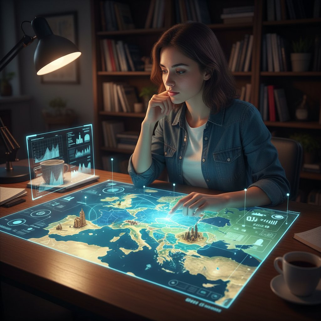 Zbliżenie na skupioną twarz ucznia patrzącego na cyfrową mapę Europy, wyraźnie zastanowionego