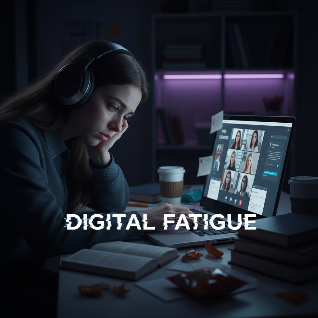 Uczennica siedząca samotnie przed laptopem w ciemnym pokoju, wyraźnie zmęczona lekcjami online