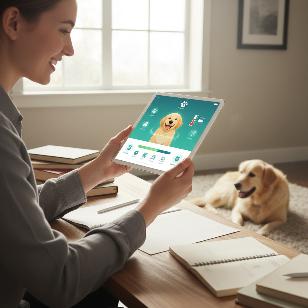 Studentka korzystająca z aplikacji pies symulator dbania o zdrowie psa na tablecie, uśmiechnięta, siedzi przy oknie