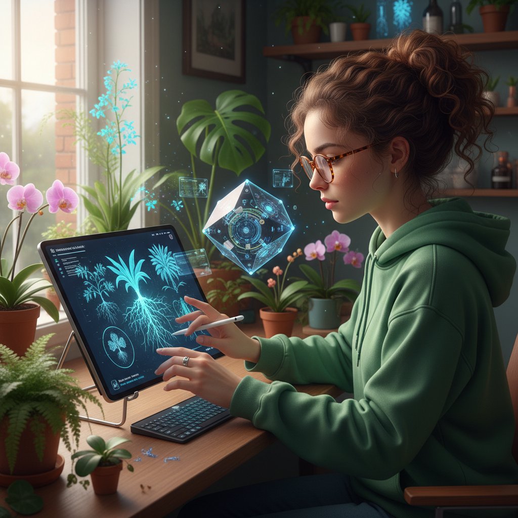 Uczeń korzystający z AI do nauki botaniki online, ekran z cyfrowymi roślinami