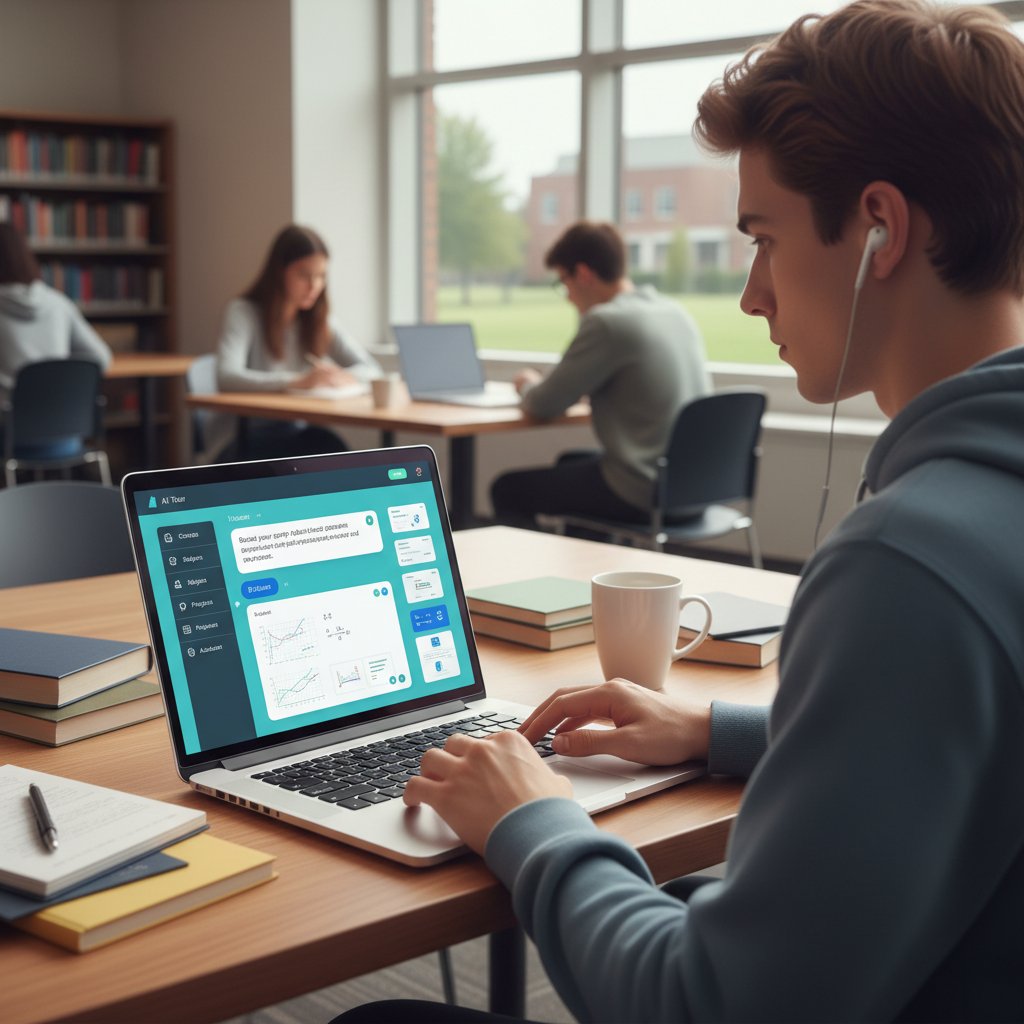 Uczeń korzystający z AI na laptopie, ekran z widocznym interfejsem edukacyjnym – zaawansowane wsparcie w nauce