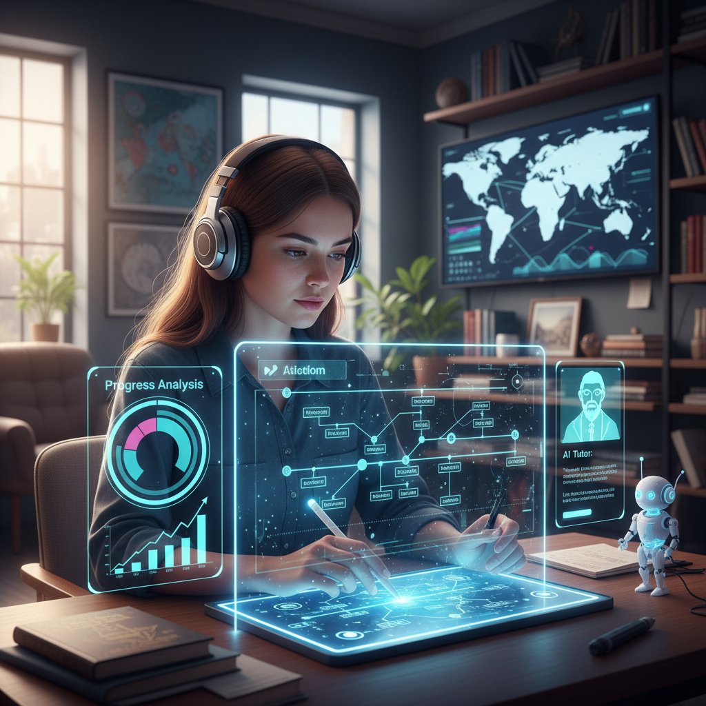 Student korzysta z AI do personalizowanej nauki historii, własne notatki, ekran z analizą postępów