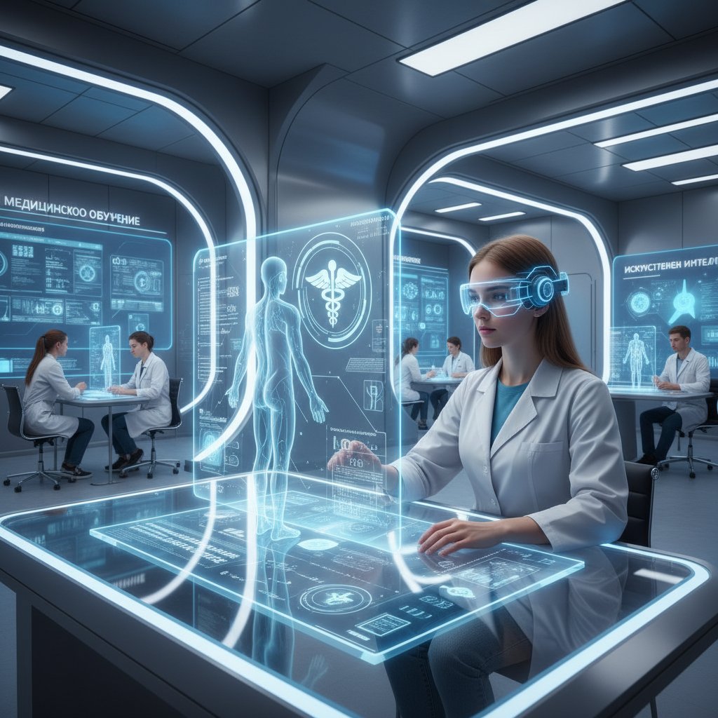 Student korzystający z AI do nauki rosyjskiego medycznego w nowoczesnym otoczeniu