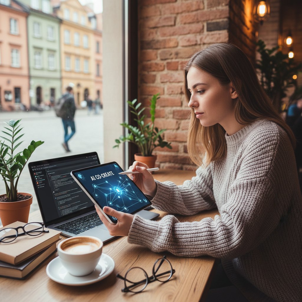 Student korzystający z ChatGPT w warszawskiej kawiarni
