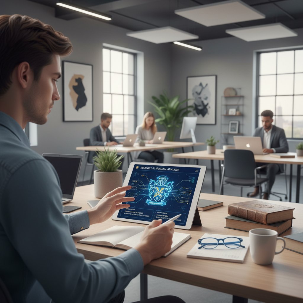 Student korzystający z aplikacji AI do nauki heraldyki, ekran z analizą herbu, nowoczesne biuro