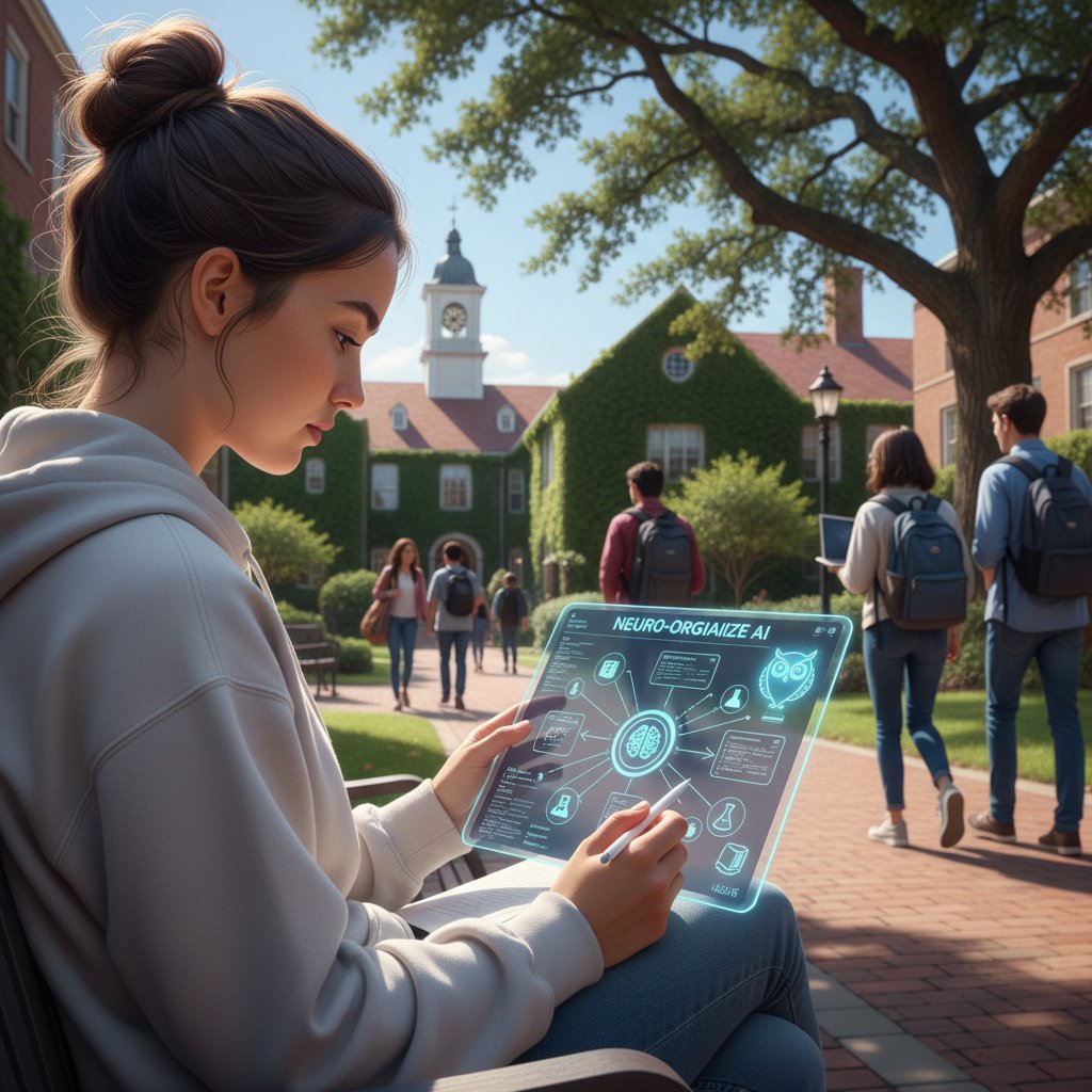 Student korzystający z aplikacji AI do organizacji notatek na tablecie, otoczenie uczelni