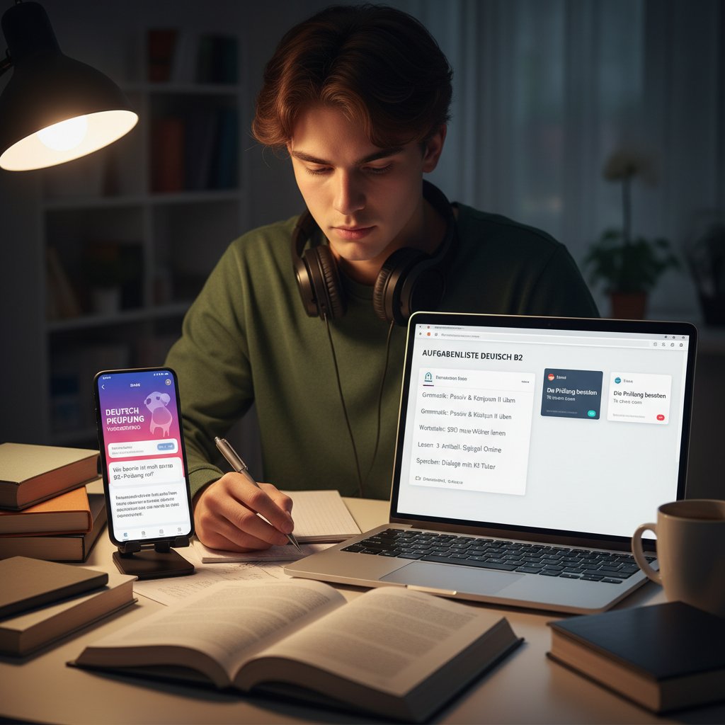 Student korzysta z aplikacji AI przygotowując się do egzaminu z niemieckiego, smartfon i laptop, ekran z zadaniami