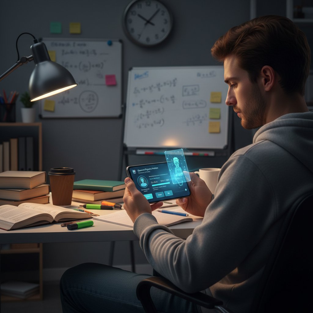 Student korzystający z aplikacji AI na smartfonie podczas powtórki do egzaminu