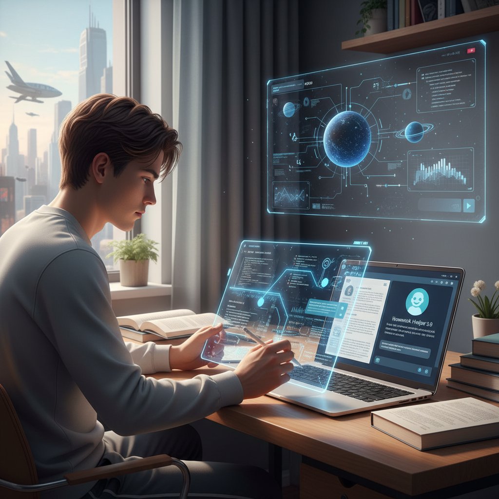 Uczeń korzystający z nowoczesnego narzędzia AI do odrabiania lekcji w domu