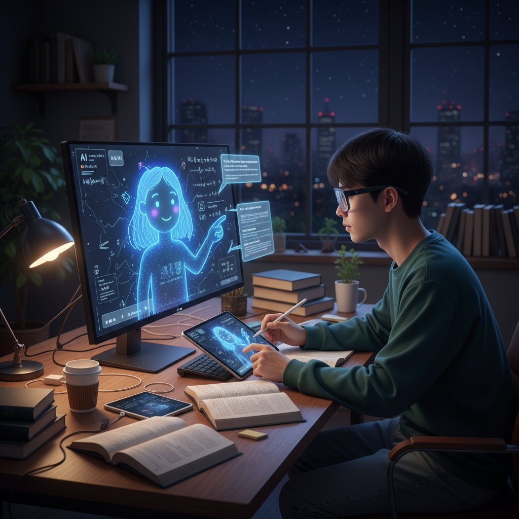 Zdjęcie: Uczeń korzystający z korepetytora AI wieczorem przy biurku