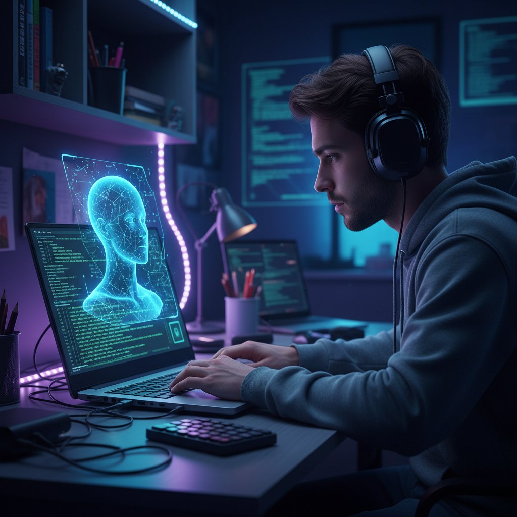 Nowoczesna scena: młody uczeń korzysta z laptopa, na ekranie widać awatara AI – atmosfera technologiczna, światło ekranu odbija się na twarzy