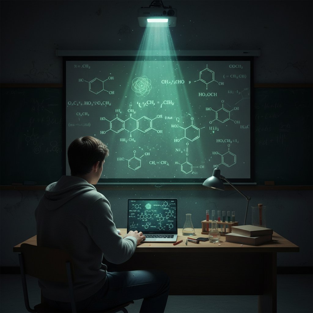 Uczeń pracujący online z wizualizacją wzorów chemicznych