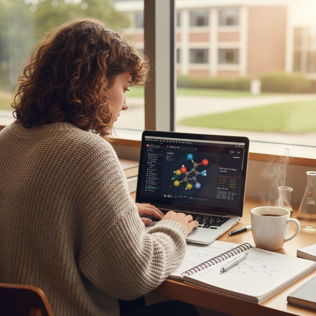 Nowoczesny student korzysta z laptopa, ekran pokazuje interaktywną lekcję chemii, obok kubek kawy i notatki