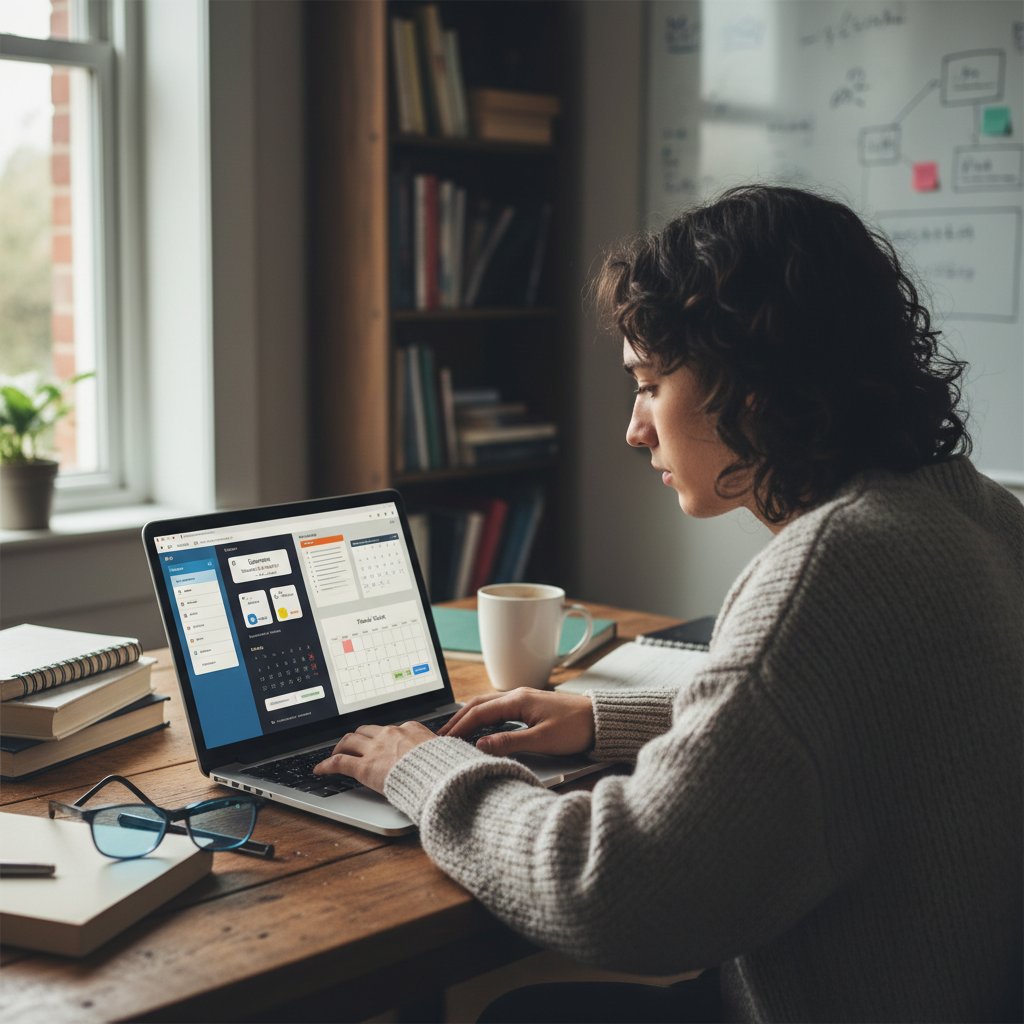 Student korzystający z laptopa i aplikacji do nauki, skupiony, bez rozpraszaczy – nowoczesna efektywność nauki