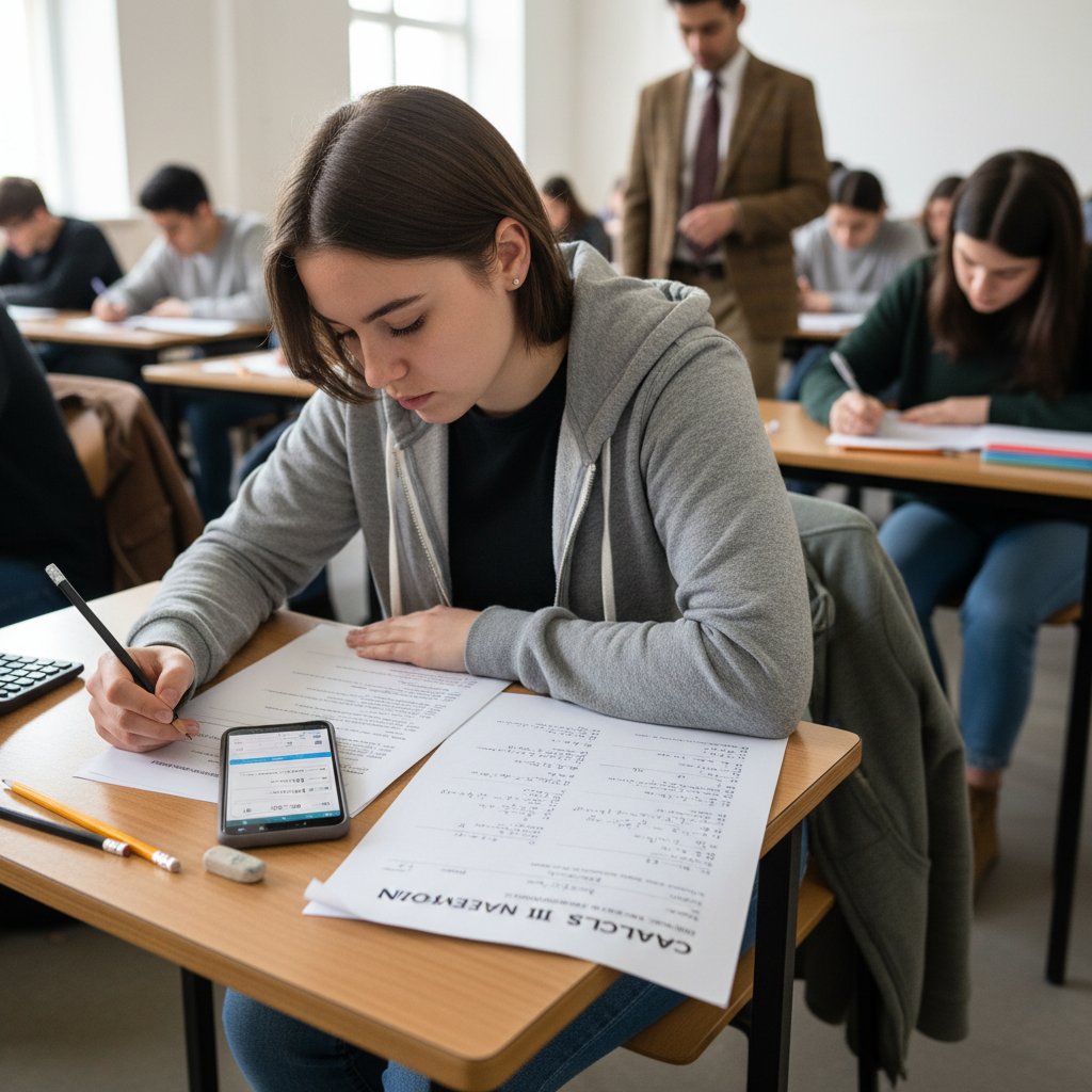 Uczeń korzysta z telefonu podczas sprawdzianu matematyki, solver matematyczny