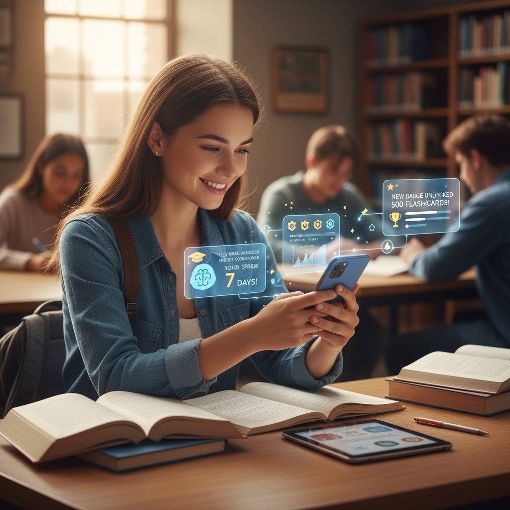 Student korzystający z aplikacji do nauki na smartfonie z wyświetlonym planem i powiadomieniami