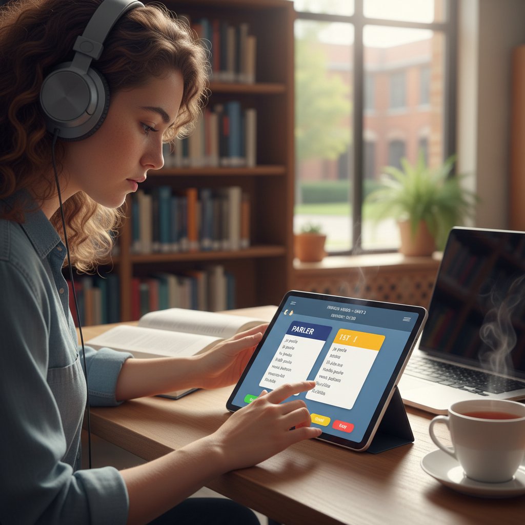 Student korzystający z aplikacji SRS do nauki czasowników francuskich, skupienie i technologia