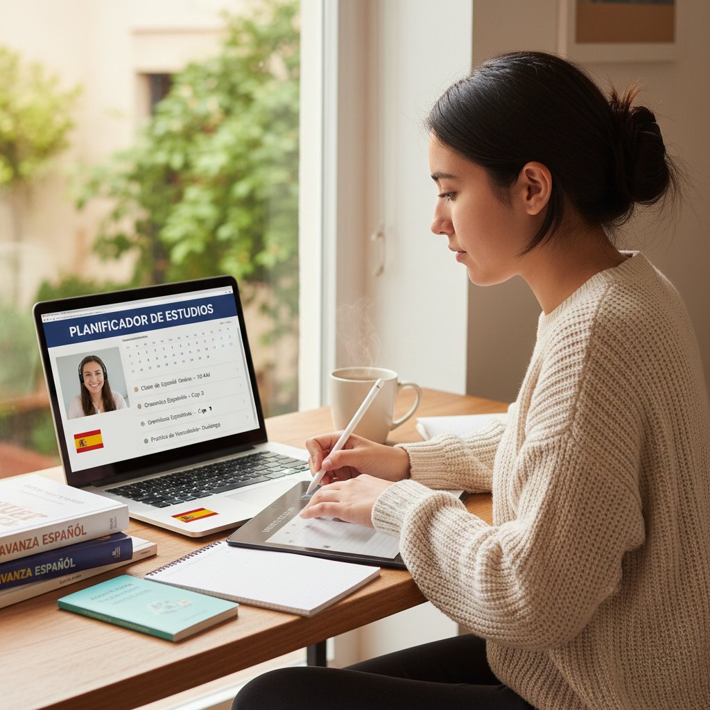 Student korzystający z interaktywnego planera nauki języka hiszpańskiego online