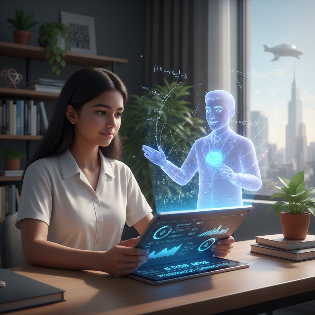 Realistyczne zdjęcie – uczeń korzysta z tabletu, obok niego na ekranie wyświetla się hologram AI-tutora