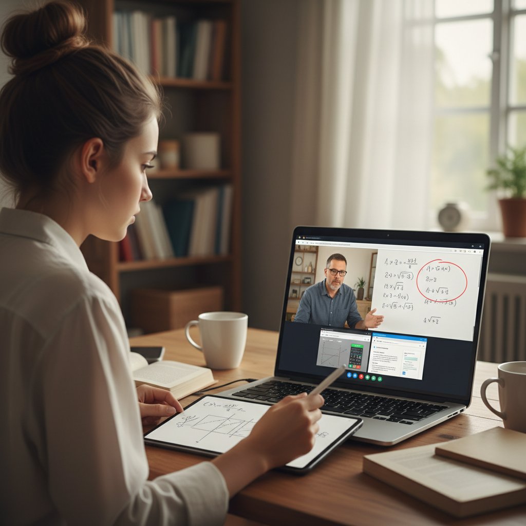 Uczeń rozmawiający z korepetytorem online podczas rozwiązywania zadań matematycznych