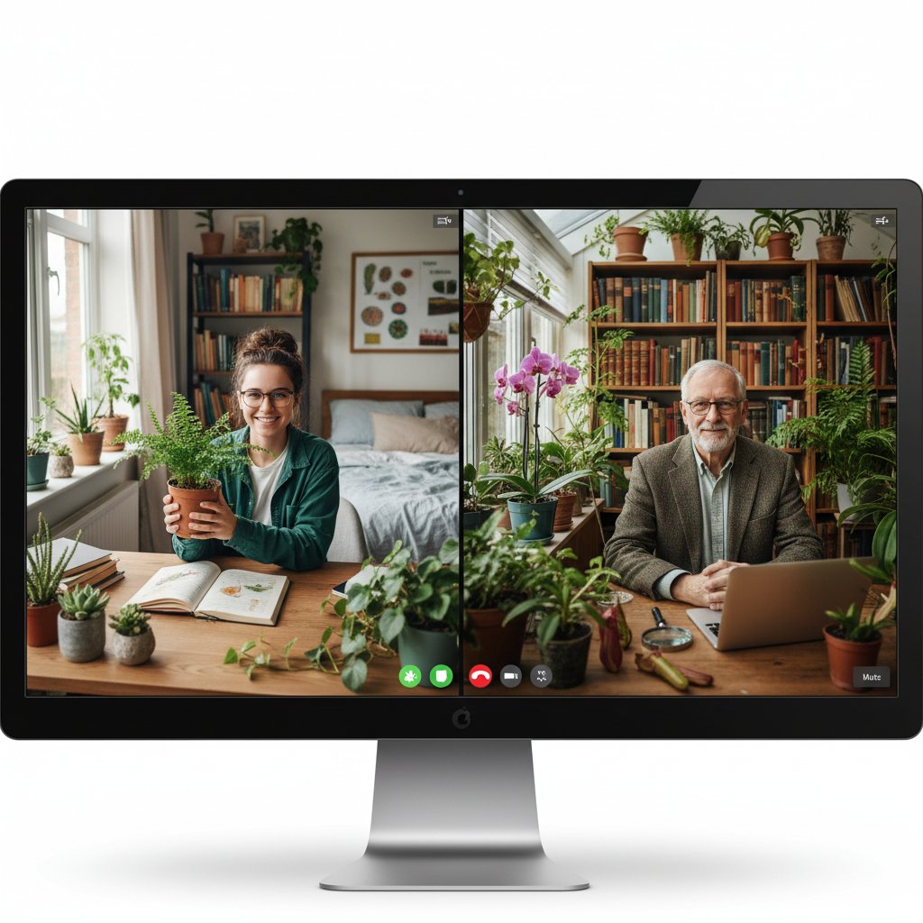 Student podczas wideorozmowy z korepetytorem online, rośliny i książki