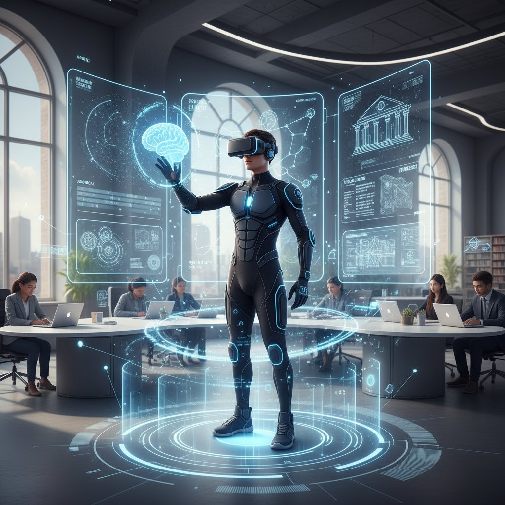 Studentka w VR, skupiona na nauce, z ekranami wyświetlającymi dynamiczne scenariusze