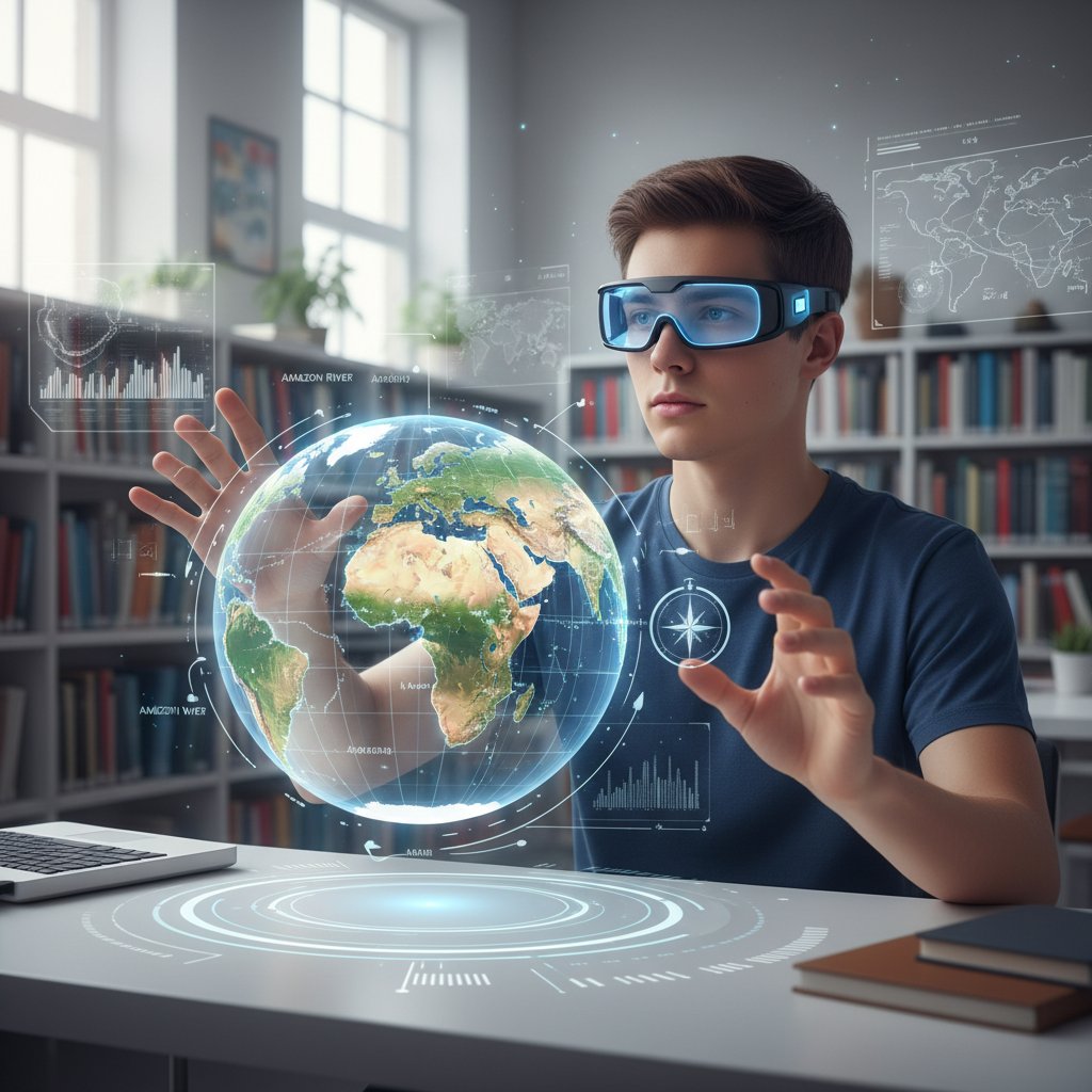 Uczeń w goglach VR eksplorujący wirtualną mapę świata