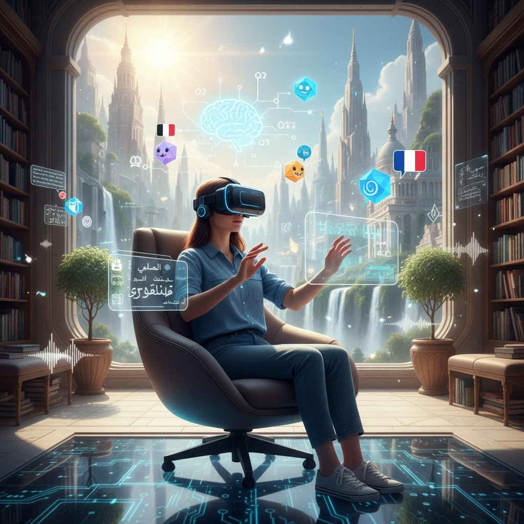 Uczeń w goglach VR, rozmawiający z AI w symulowanym środowisku językowym