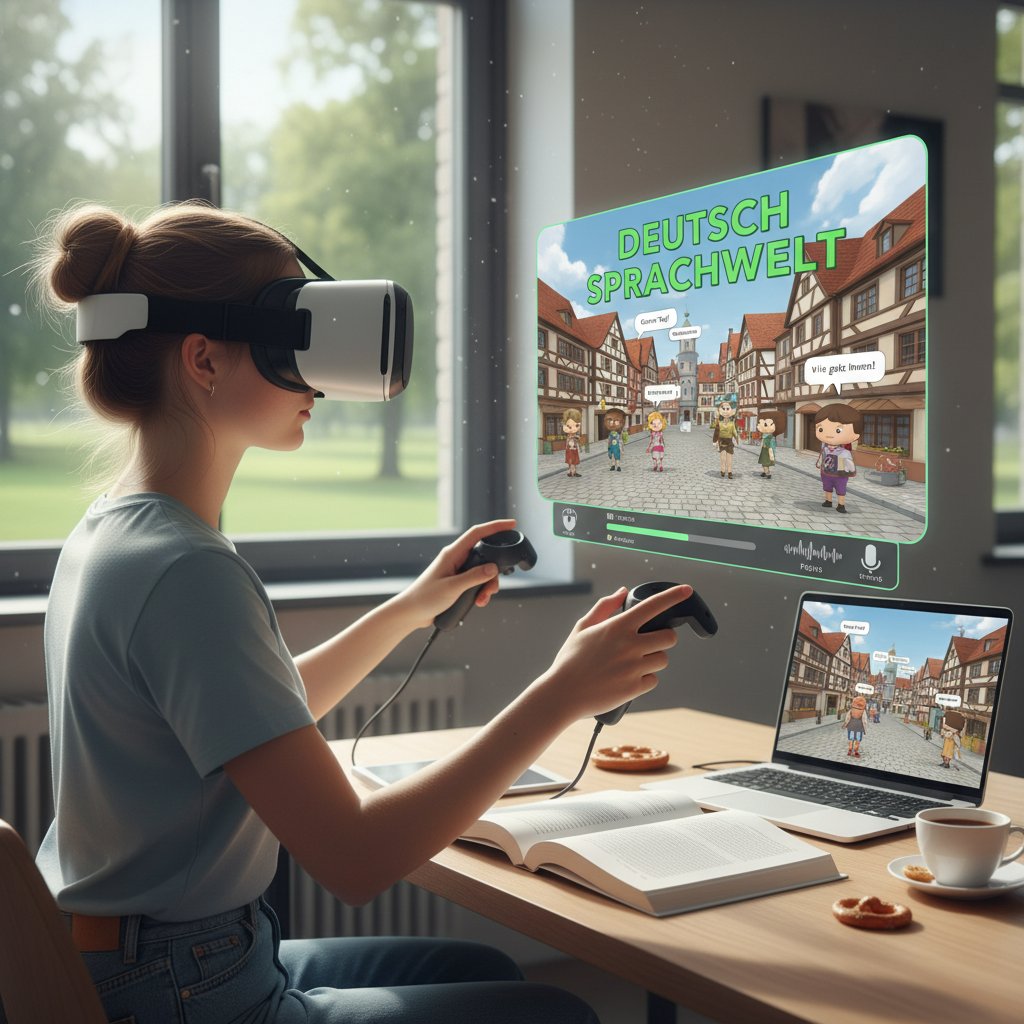 Student korzystający z gogli VR podczas nauki niemieckiego online – przyszłość edukacji