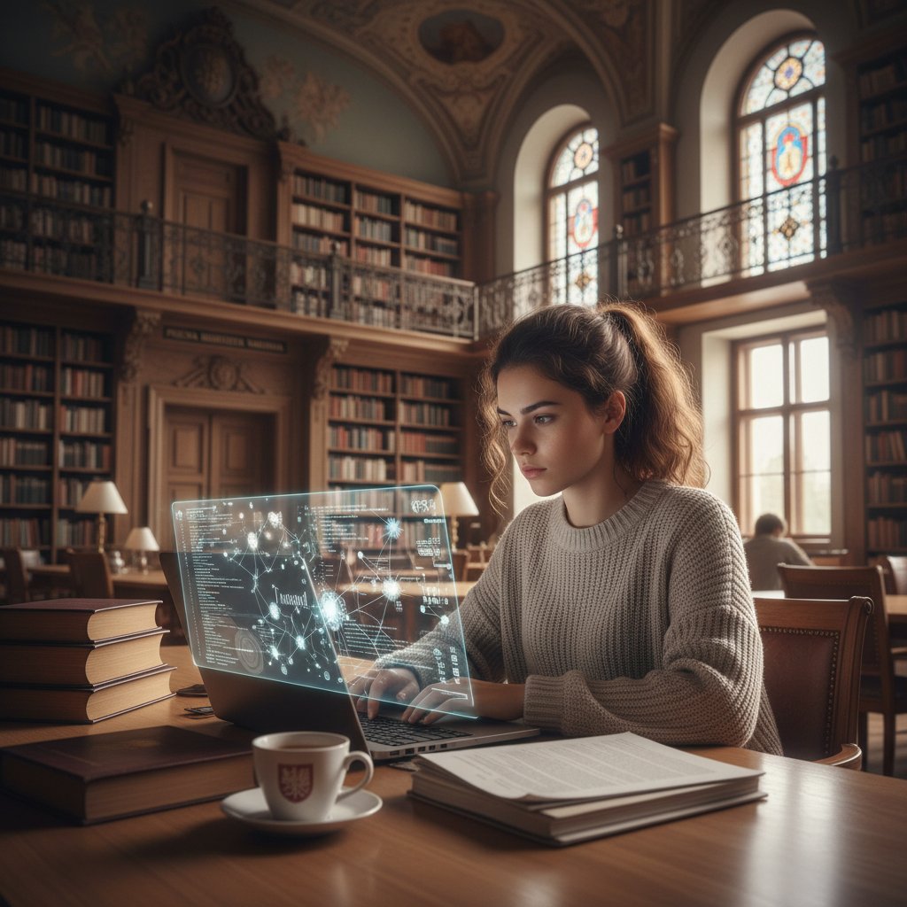 Student pracujący z AI na laptopie, polska biblioteka w tle