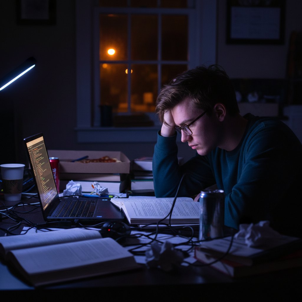 Student pracujący do późna przy komputerze podczas nauki online, światło ekranu odbija się w okularach, widoczne notatki i kawa