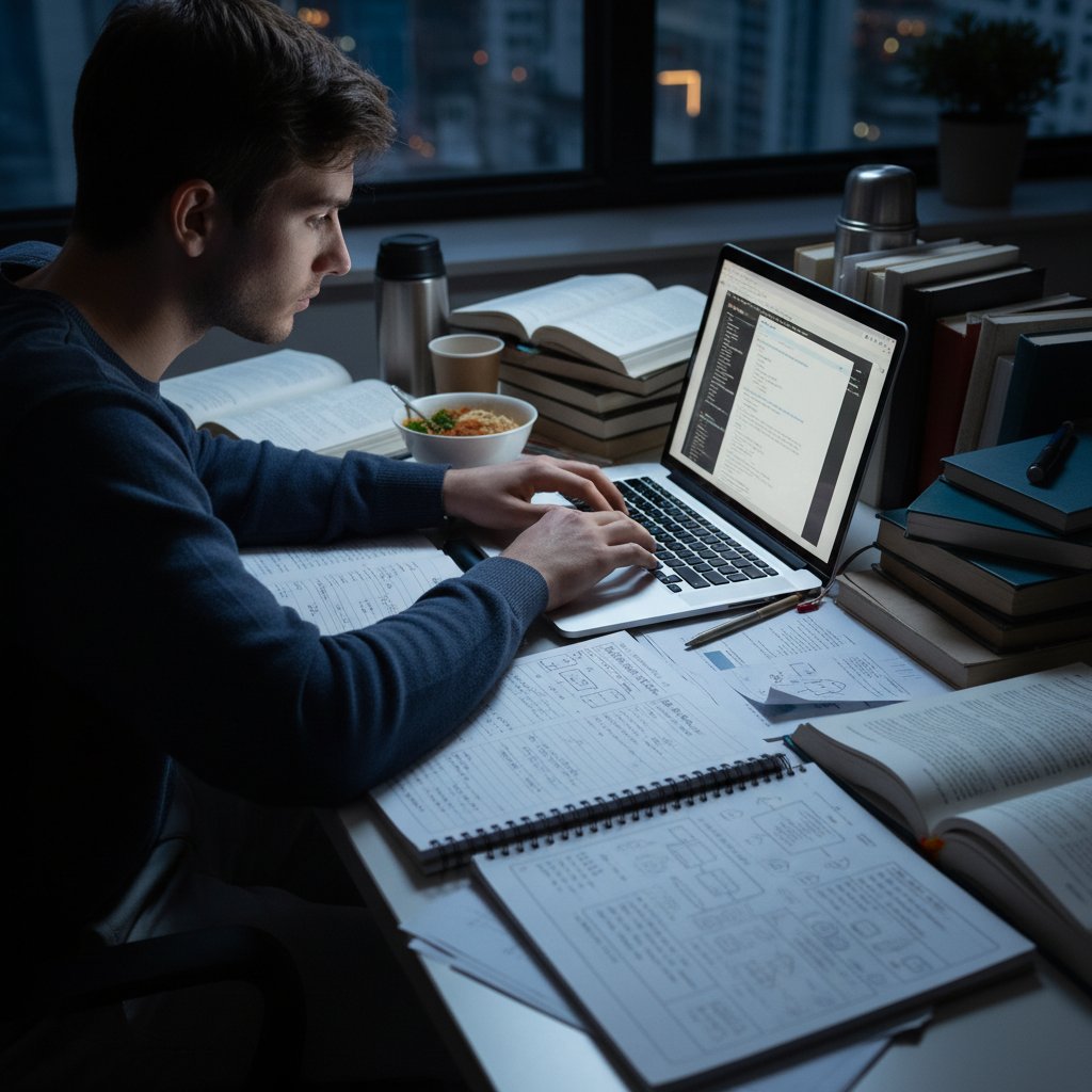 Student working late at night, surrounded by research notes and glowing laptop
