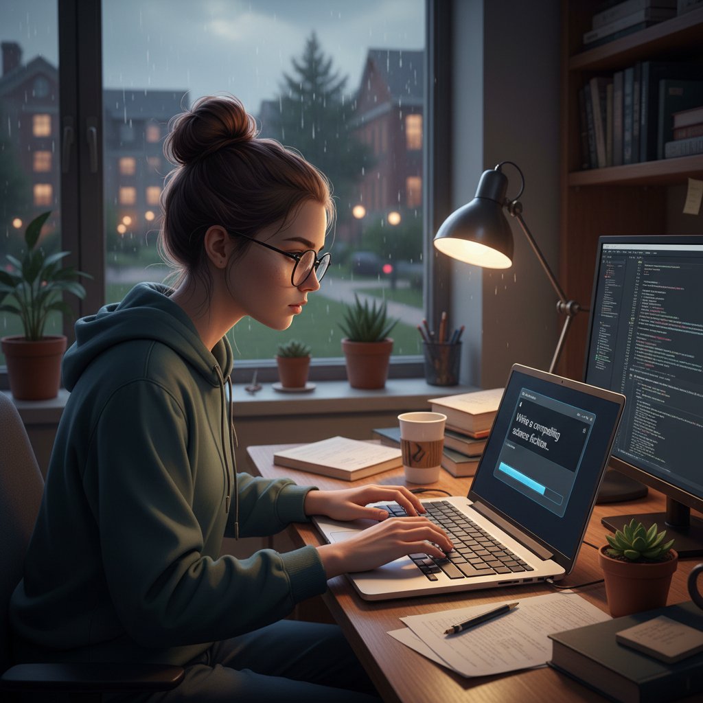 Student piszący prompt na kartce przed komputerem