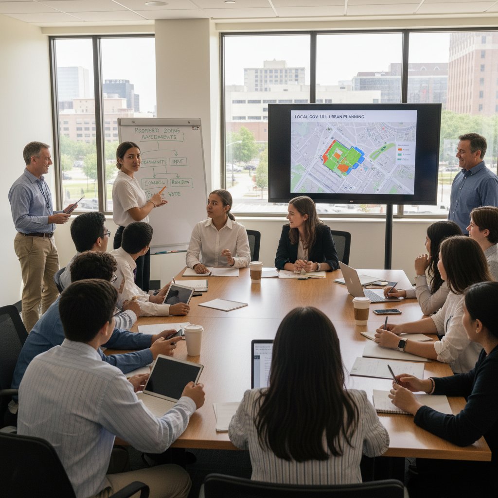 Uczeń podczas spotkania młodzieżowej rady miasta, wykorzystuje wiedzę z WOS online w praktyce