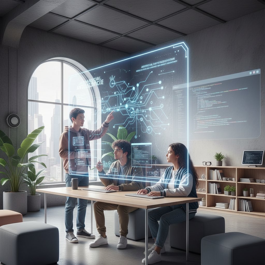 Zespół uczniów korzysta z AI podczas lekcji online, nowoczesna edukacja