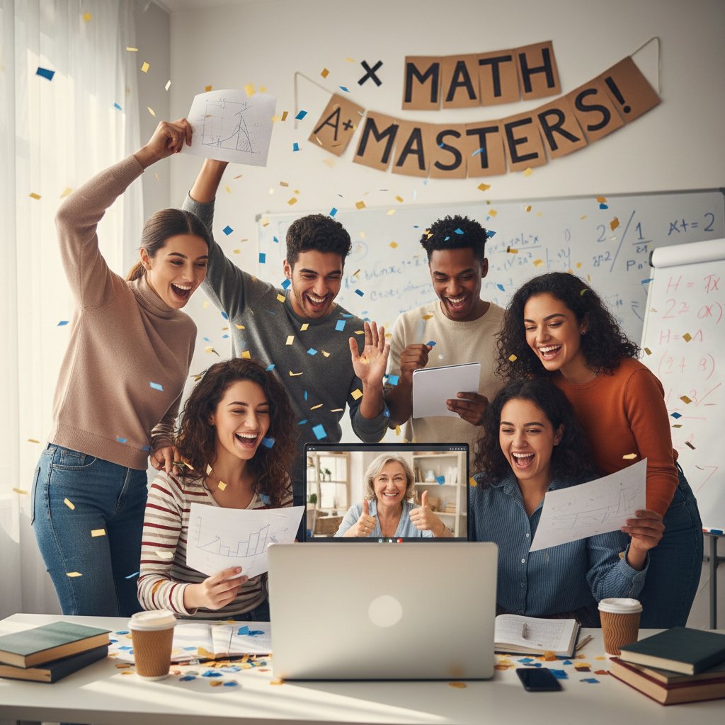 Grupa maturzystów świętujących zdanie egzaminu – sukces dzięki korepetycjom online