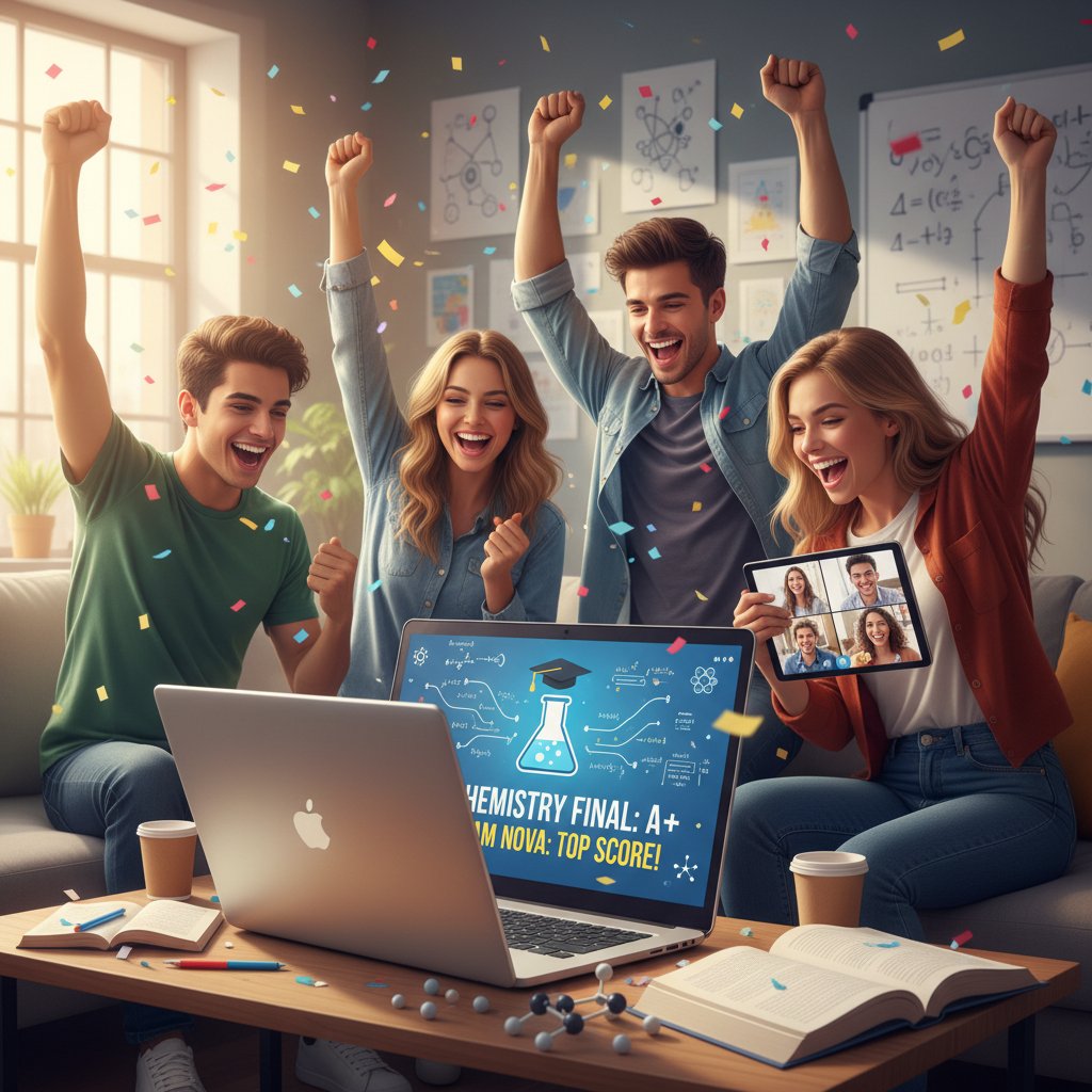 Grupa uczniów świętujących sukces po maturze, z laptopami i podręcznikami — sukces w nauce chemii online, współpraca zespołowa