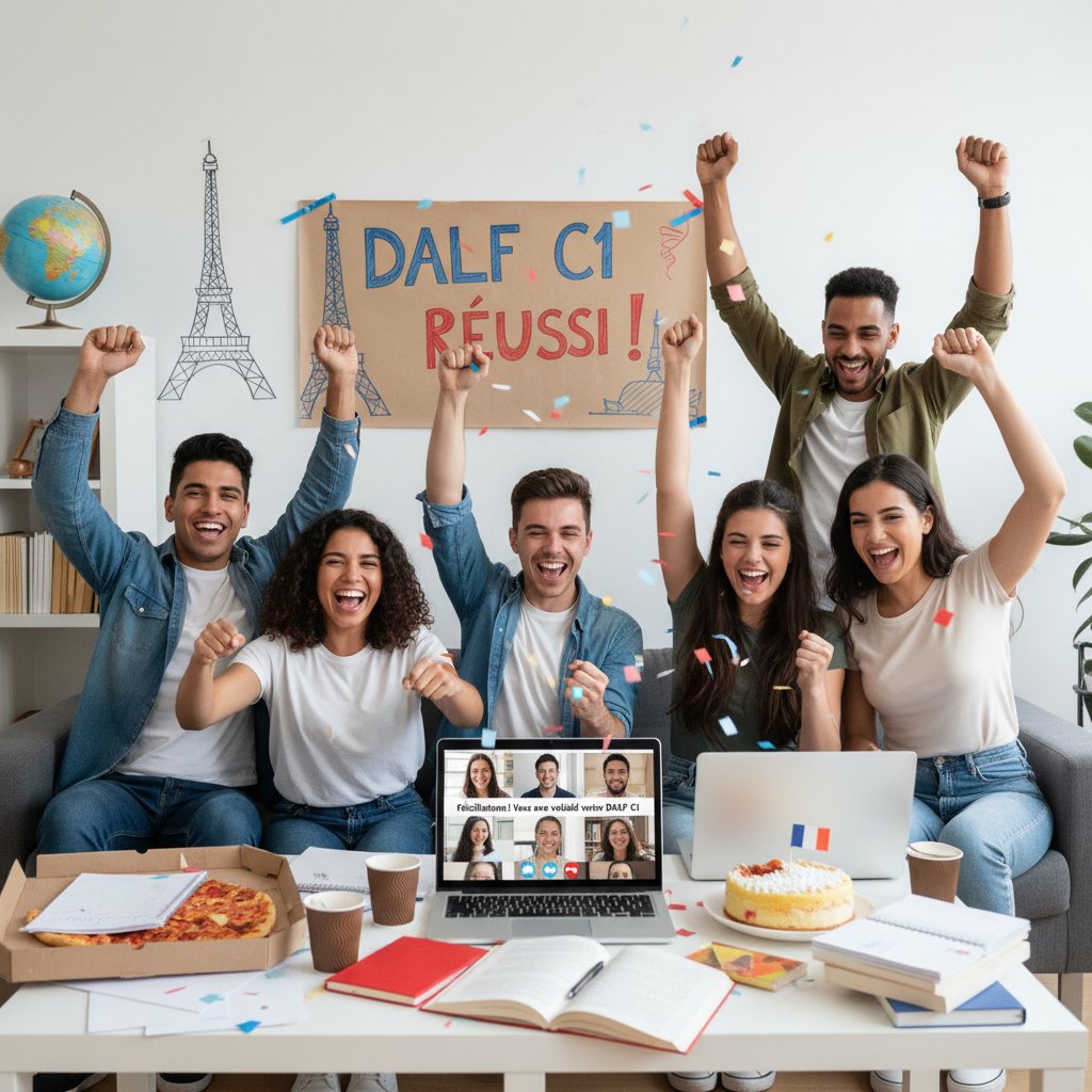 Grupa studentów świętująca zdany egzamin DALF po kursie online