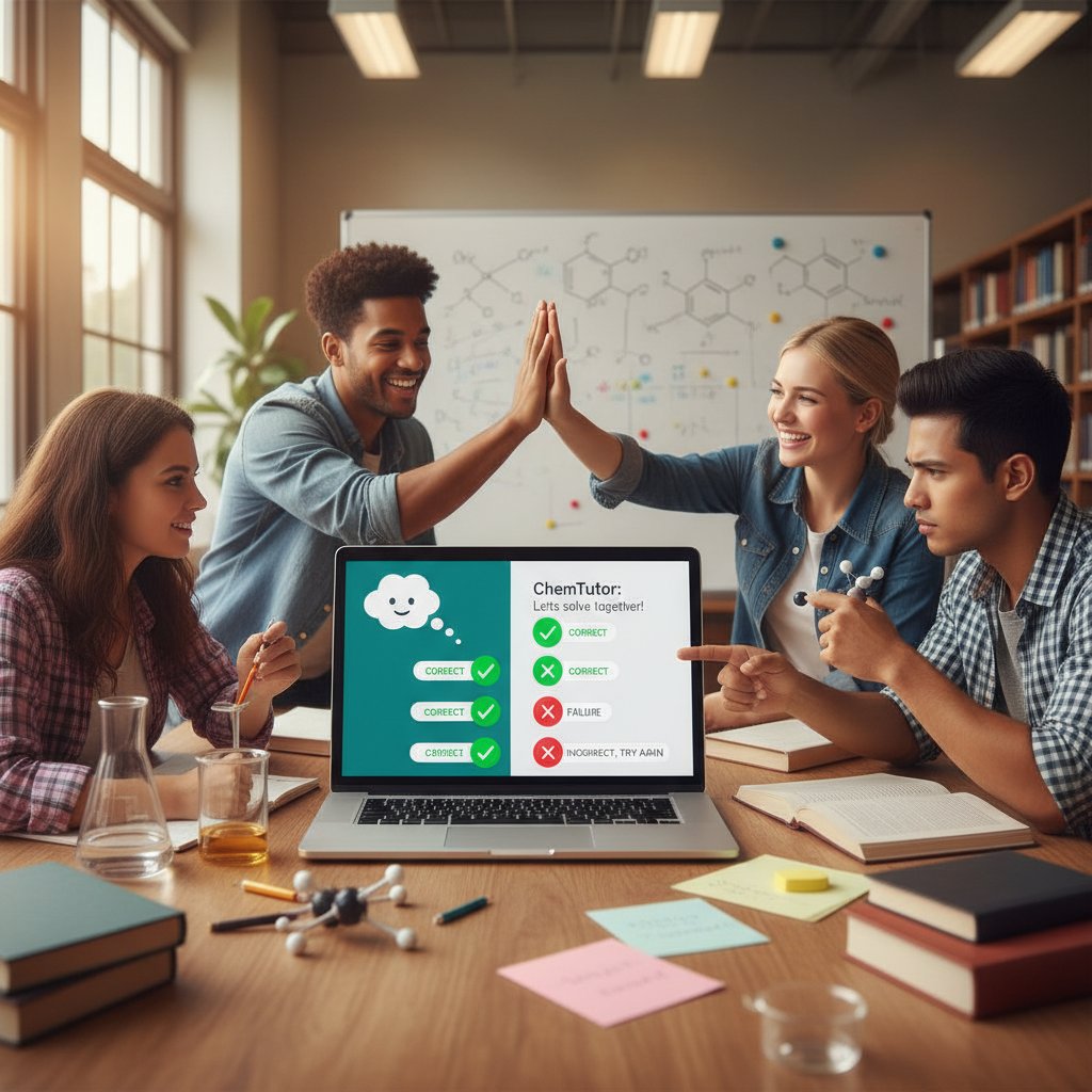 Grupa studentów, jeden z nich z wyraźną satysfakcją patrzy na ekran laptopa, pozostali analizują wyniki AI