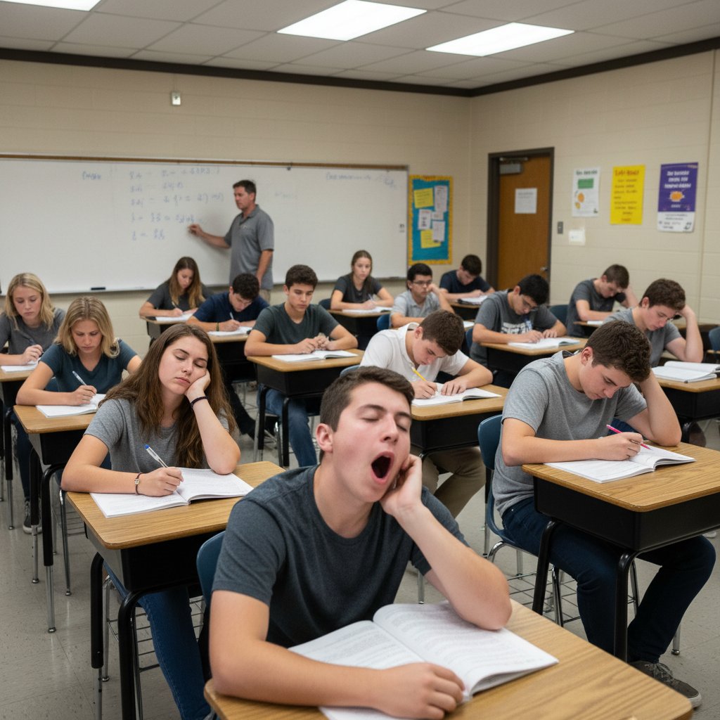 Grupa uczniów w sali lekcyjnej, znużenie, brak zaangażowania