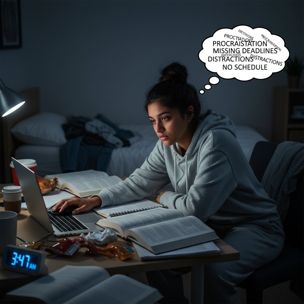 Uczniowie wykonujący typowe błędy podczas nauki online, rozproszony, zmęczony wzrok, bałagan na biurku