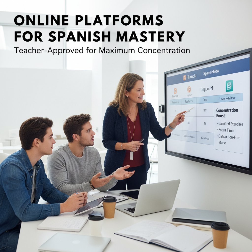 Uczniowie przeglądający oferty nauczycieli hiszpańskiego na platformach online, multiekran, skupienie