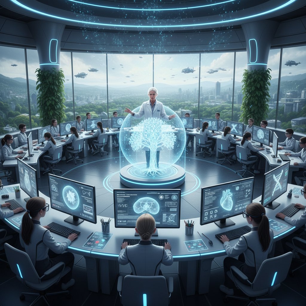 Uczniowie przy komputerach podczas lekcji biologii online, na ekranie nowoczesna platforma edukacyjna, atmosfera przyszłości