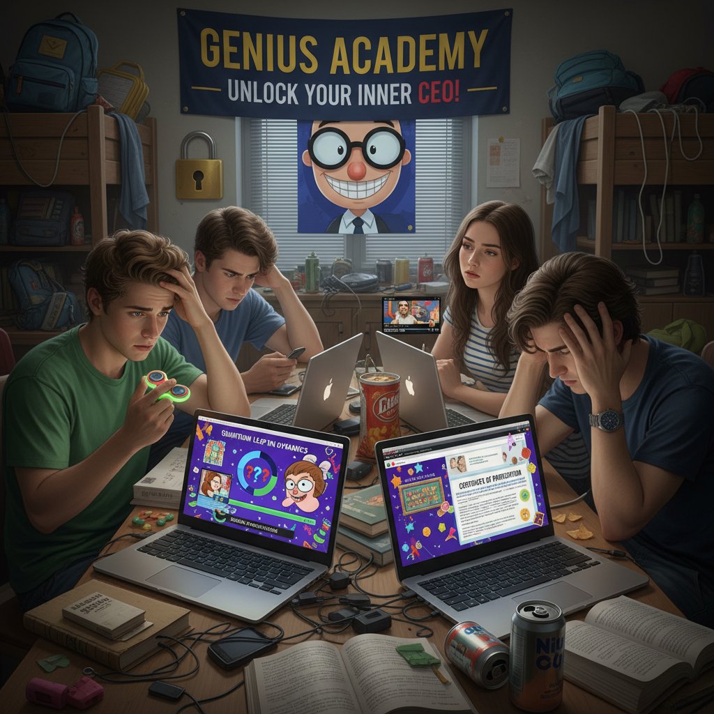 Uczniowie zdezorientowani podczas korzystania z niepewnej platformy online, widoczne rozproszenie i brak skupienia