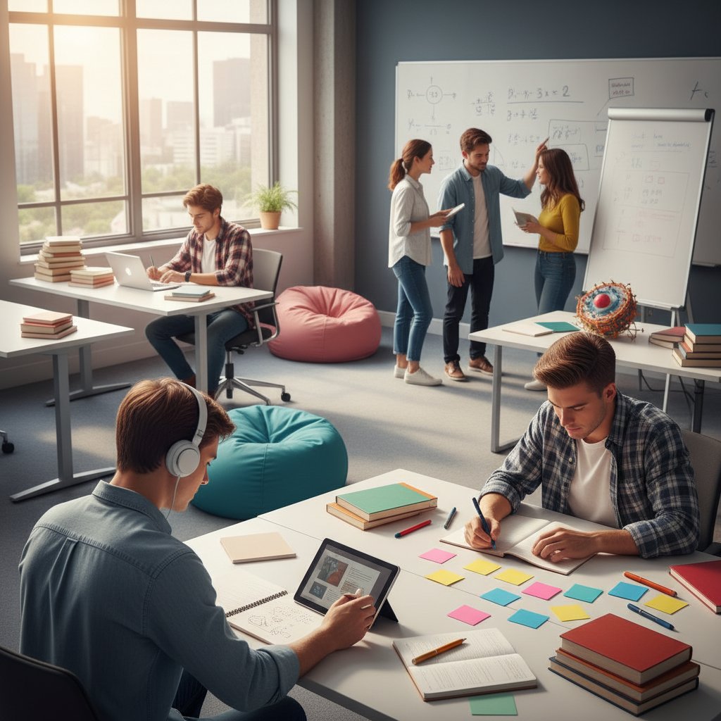 Uczniowie pracujący różnymi metodami: mapy myśli, słuchawki, notatki – style uczenia się