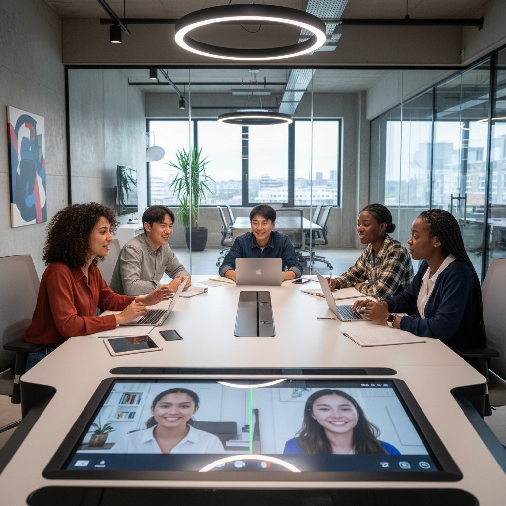 Uczniowie różnych narodowości rozmawiający po włosku podczas wideokonferencji, nowoczesny open space