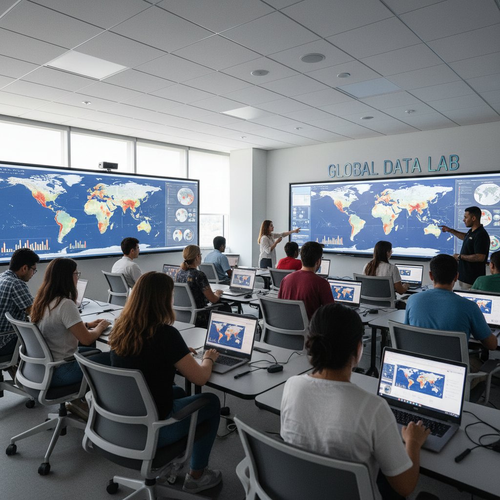 Uczniowie w cyfrowej klasie, pracujący na laptopach z otwartymi mapami demograficznymi