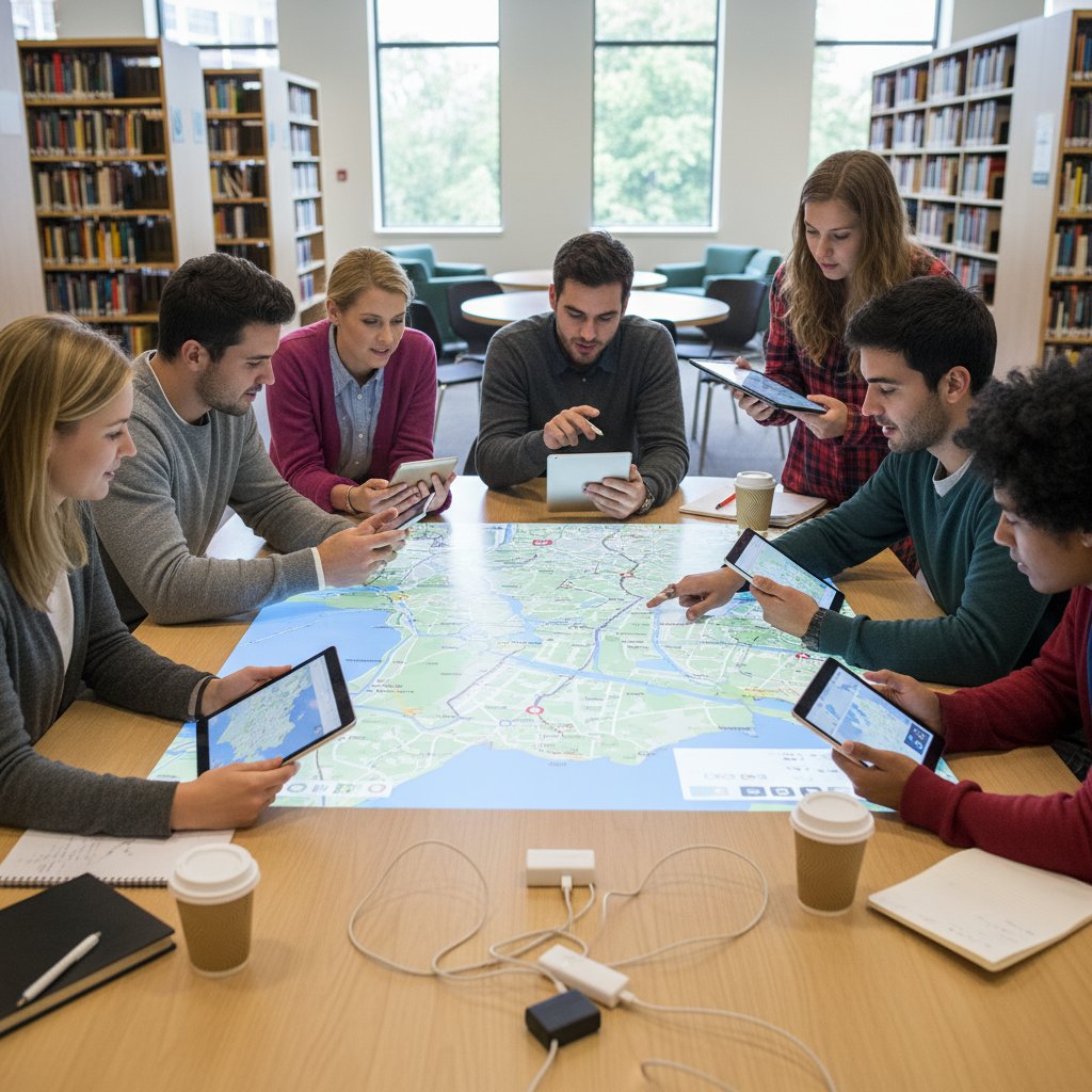 Grupa uczniów pracująca razem nad cyfrową mapą, tablety i telefony na stole, współpraca, interakcja
